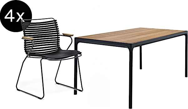 HOUE - Set 4x Click chaise à accoudoirs avec dossier bas noir + Four table 160cm noir - 1