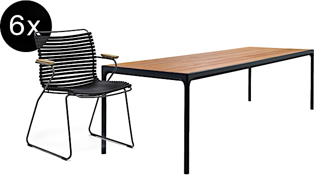 HOUE - Bundle 6x Click chaise à accoudoirs avec dossier bas noir + Four table 210cm noir - 1